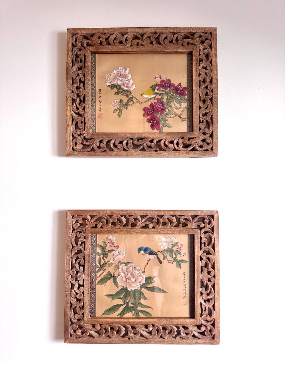 Vintage Pair Asian Silk Bird Floral Paintings, Carved Wood Framed Botanicals